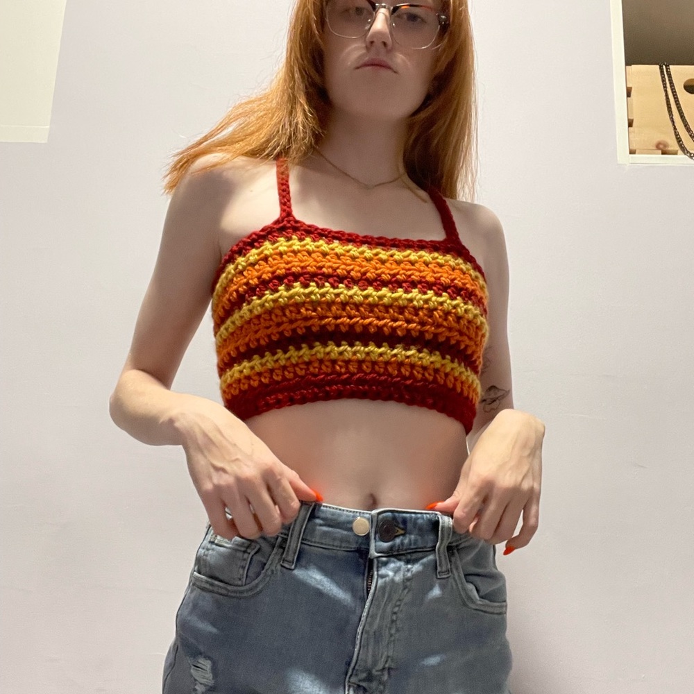 Handmade crochet cropped tank with crossed back straps